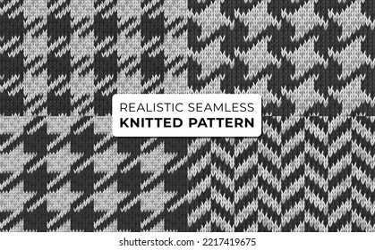 Set of vector monochrome realistic seamless knitted patterns. Shepherds check, pepita, houndstooth, herringbone. Wool fabric, yarn texture for background, wallpaper. Closeup. Created with mesh tool