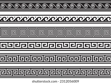 Set of vector monochrome seamless greek classic ornament. Pattern for a border and a frame. Ancient Greece and the Roman Empire. Endless black meander.
