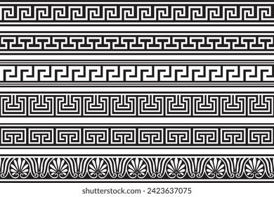 Set of vector monochrome seamless greek classic ornament. Pattern for a border and a frame. Ancient Greece and the Roman Empire. Endless black meander.
