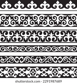 Set of vector monochrome seamless Kazakh national ornament. Ethnic pattern of the nomadic peoples of the great steppe, the Turks. Border, frame Mongols, Kyrgyz, Buryats, Kalmyks.
