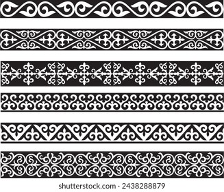 Set of vector monochrome seamless Kazakh national ornament. Ethnic pattern of the nomadic peoples of the great steppe, the Turks. Border, frame Mongols, Kyrgyz, Buryats, Kalmyks.
