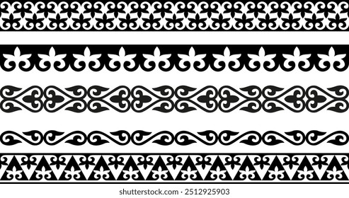 Set of vector monochrome seamless middle Asia national ornament. Ethnic pattern of the nomadic peoples of the great steppe, the Turks. Border, frame Kyrgyz, Kazakh, Turkic, Mongols, Buryats, Kalmyks. 