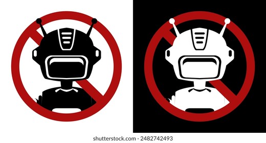 Set of vector monochrome silhouette robots in prohibition sign on white and black background. Restrictions on the use of artificial intelligence. Bots and automation forbidden. Cyborgs are banned.