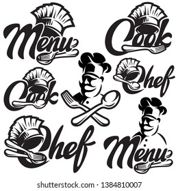 Set of vector monochrome templates for menu with chef, fork, spoon.