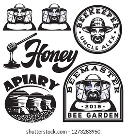 Set of vector monochrome templates on honey and beekeeping.