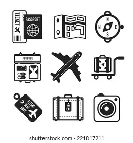 Conjunto de iconos vectoriales de viaje monocromo como el mapa de vuelo avión bolso avión cámara fotográfica y brújula en estilo plano