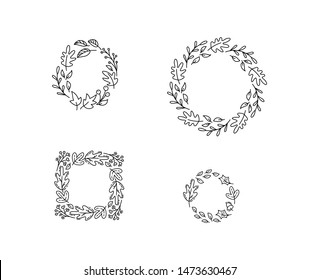 Set of vector monoline round autumn wreath. Bundle of bouquet frame with leaves, berries and other autumnal elements isolated. Perfect for seasonal holidays, Thanksgiving Day
