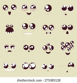 set of vector monster faces, different emotions, big eyes