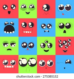 set of vector monster faces, different emotions, big eyes, red green blue background