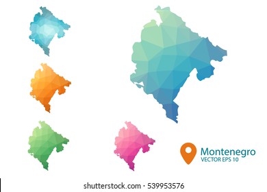 Set of vector Montenegro maps. Bright gradient map of country in low poly style. Multicolored country map in geometric style for your infographics. Vector illustration eps 10.