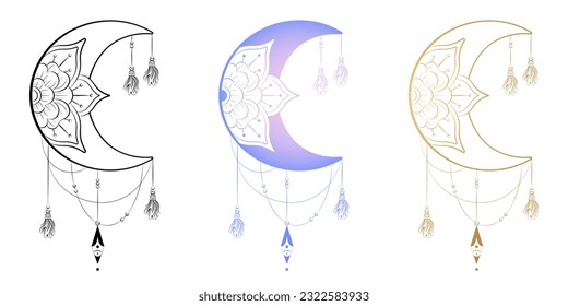 Set of vector moon signs with flower and tassels. Decorative oriental element and sign of boho style for print, tattoo, design, t-shirt