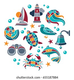 Set of vector mosaic seaside icons arranged in circle
