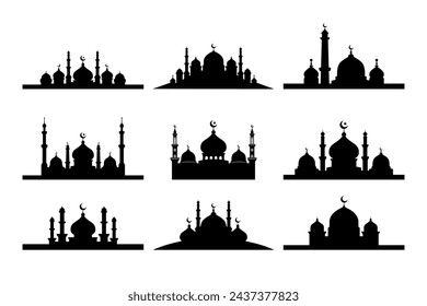 Set of vector Mosque silhouette on white background
