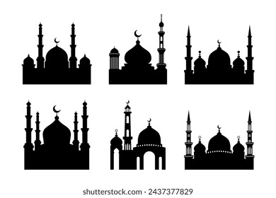 Set of vector Mosque silhouette on white background