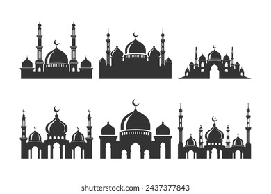 Set of vector Mosque silhouette on white background