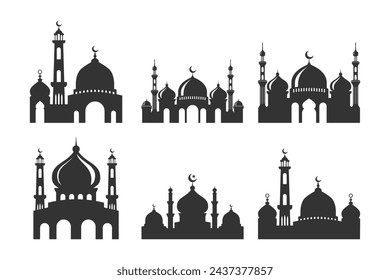 Set of vector Mosque silhouette on white background