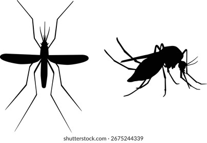 Conjunto de siluetas de mosquitos de Vector sobre un fondo blanco. Mosquitos en diferentes poses.