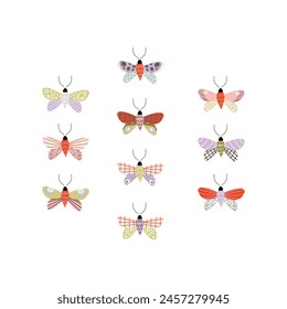 Set of vector moths. Multicolored isolated butterflies.