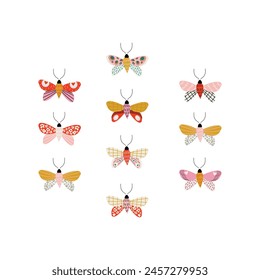 Set of vector moths. Multicolored isolated butterflies.