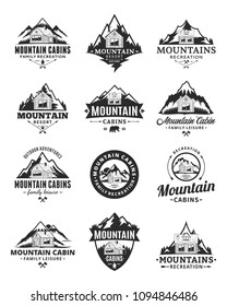 Set of vector mountain adventures, outdoor recreation and cabin rentals logo.