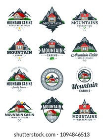 Set of vector mountain adventures, outdoor recreation and cabin rentals logo.