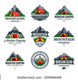 Set of vector mountain camping and outdoor recreation logo. Campground badges.