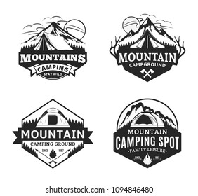 Set of vector mountain camping and outdoor recreation logo. Campground badges.