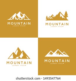 Set of vector mountain and outdoor adventures logo on gold color with tree