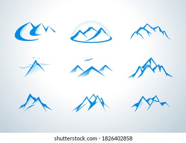 Set of vector mountain and outdoor adventures logo. Mountains, rocks and peaks. Isolated vector illustrations.