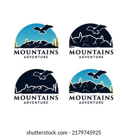 Logotipo del conjunto de montañas vectoriales y aventuras al aire libre
