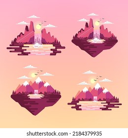 Set of vector mountain and outdoor adventures logo. Premium mountain and waterfall logo vector illustrations