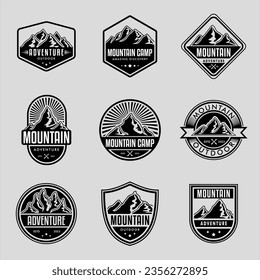 Set of vector mountain and outdoor adventures logos, stamps, stickers, budgets, emblems vintage print, vintage typography