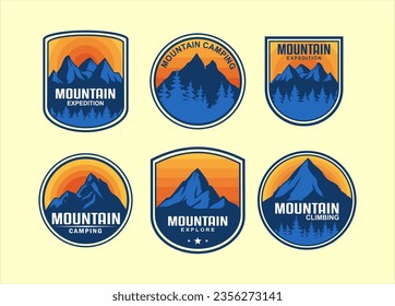 Set of vector mountain and outdoor adventures logos, stamps, stickers, budgets, emblems vintage print.