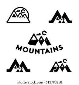 Set of vector mountain and outdoor adventures logo. Tourism, hiking and camping logo set. Mountains and travel icons for tourism organizations, outdoor events and camping leisure.