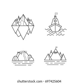 Set of vector mountain and outdoor adventures logo. Tourism, hiking and camping labels. Mountains and travel icons for tourism organizations, outdoor events and camping leisure. Iceberg, shep