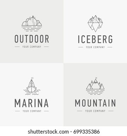 Set of vector mountain and outdoor adventures logo. Tourism, hiking and camping labels. Mountains and travel icons for tourism organizations, outdoor events and camping leisure. Iceberg, shep.