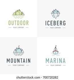 Set of vector mountain and outdoor adventures logo. Tourism, hiking and camping labels. Mountains and travel icons for tourism organizations, outdoor events and camping leisure. Iceberg, shep