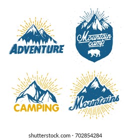 Set of vector mountain and outdoor adventures logo. Tourism, hiking and camping labels. Mountains and travel icons for tourism organizations, outdoor events and camping leisure.