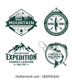 Set of vector mountain and outdoor recreation badges. Mountain travel, cottage rental, kayaking and fishing illustrations