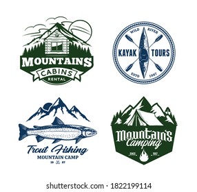 Set of vector mountain and outdoor recreation badges. Mountain camping, cabin rental, kayaking and fishing illustrations