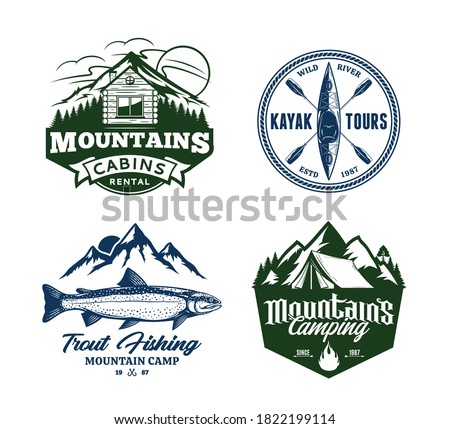 Set of vector mountain and outdoor recreation badges. Mountain camping, cabin rental, kayaking and fishing illustrations