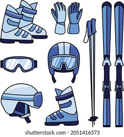 Set of vector mountain ski equipment illustrations