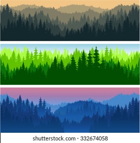 set of vector mountains forest background texture seamless pattern