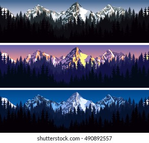 set of vector mountains forest background texture seamless pattern