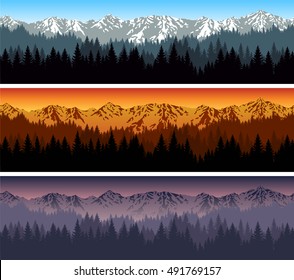 set of vector mountains forest background texture seamless pattern