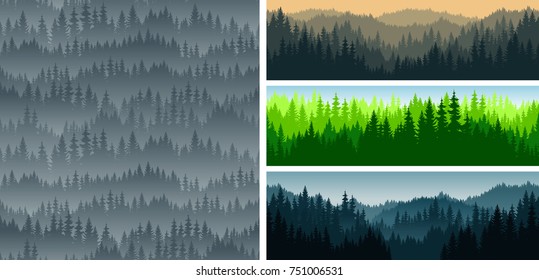 set of vector mountains forest woodland background texture seamless pattern