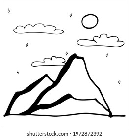 Set of vector mountains, mountain peaks doodles, monochrome vector drawing, mountains for design and logos, line drawing