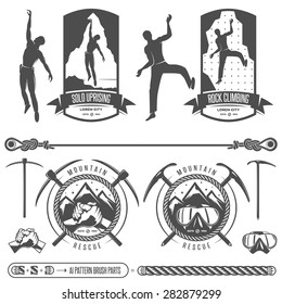 Set of vector mountains and rock climbing emblems. Isolated design elements.
