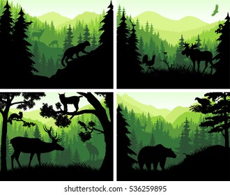 set of vector mountains woodland animals silhouettes in sunset design templates