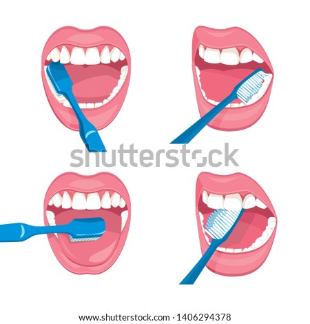 Set of Vector mouth on a white background . brushing teeth blue brush. instructions how to properly care for the oral cavity. 